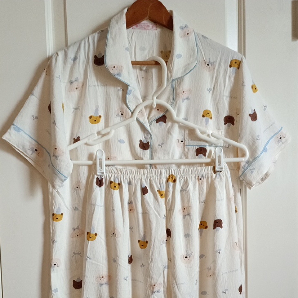 Bear Print Pajama Set - White with Yellow & Brown Accents. Size S/M